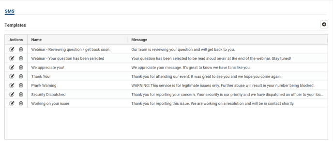 SMS Templates Grid